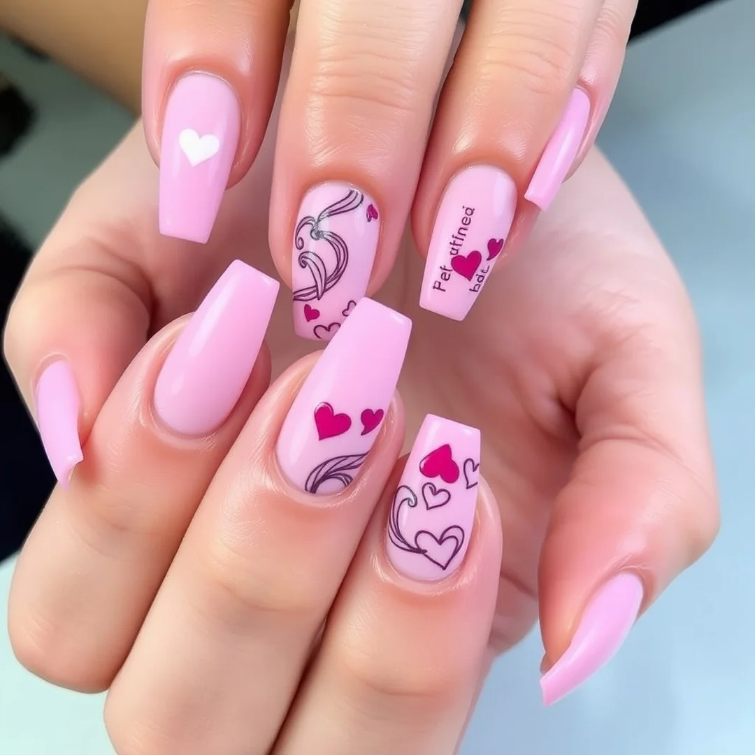 Coffin Pink Valentine Accents - 22 Pink Valentine’s Day Nails Everyone Loves