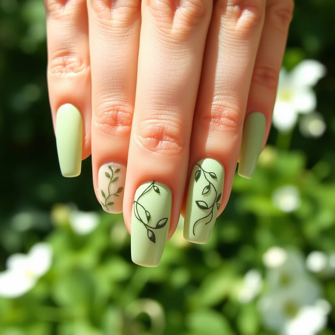 Sage Green Vines - 24 Spring Floral Nails That Look Stunning