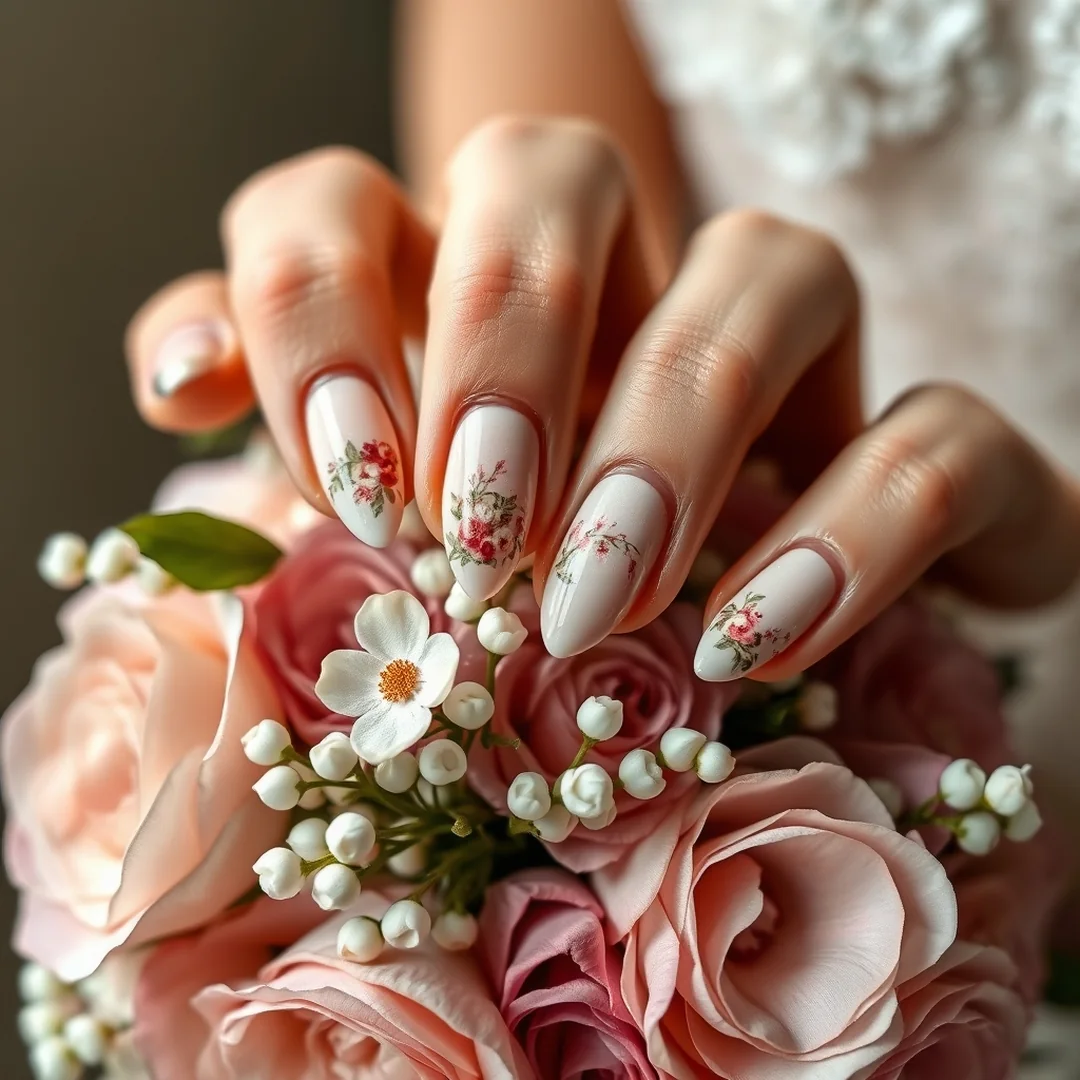Floral Hand Painting - 25 Almond Wedding Nails 2026 for a Classy Bridal Look
